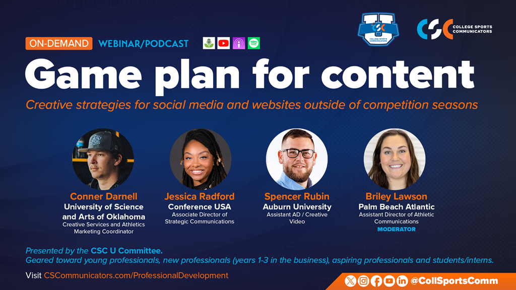 On-Demand Webinar (presented by the CSC U Committee) — Game plan for content: Creative strategies for social media and websites outside of competition seasons